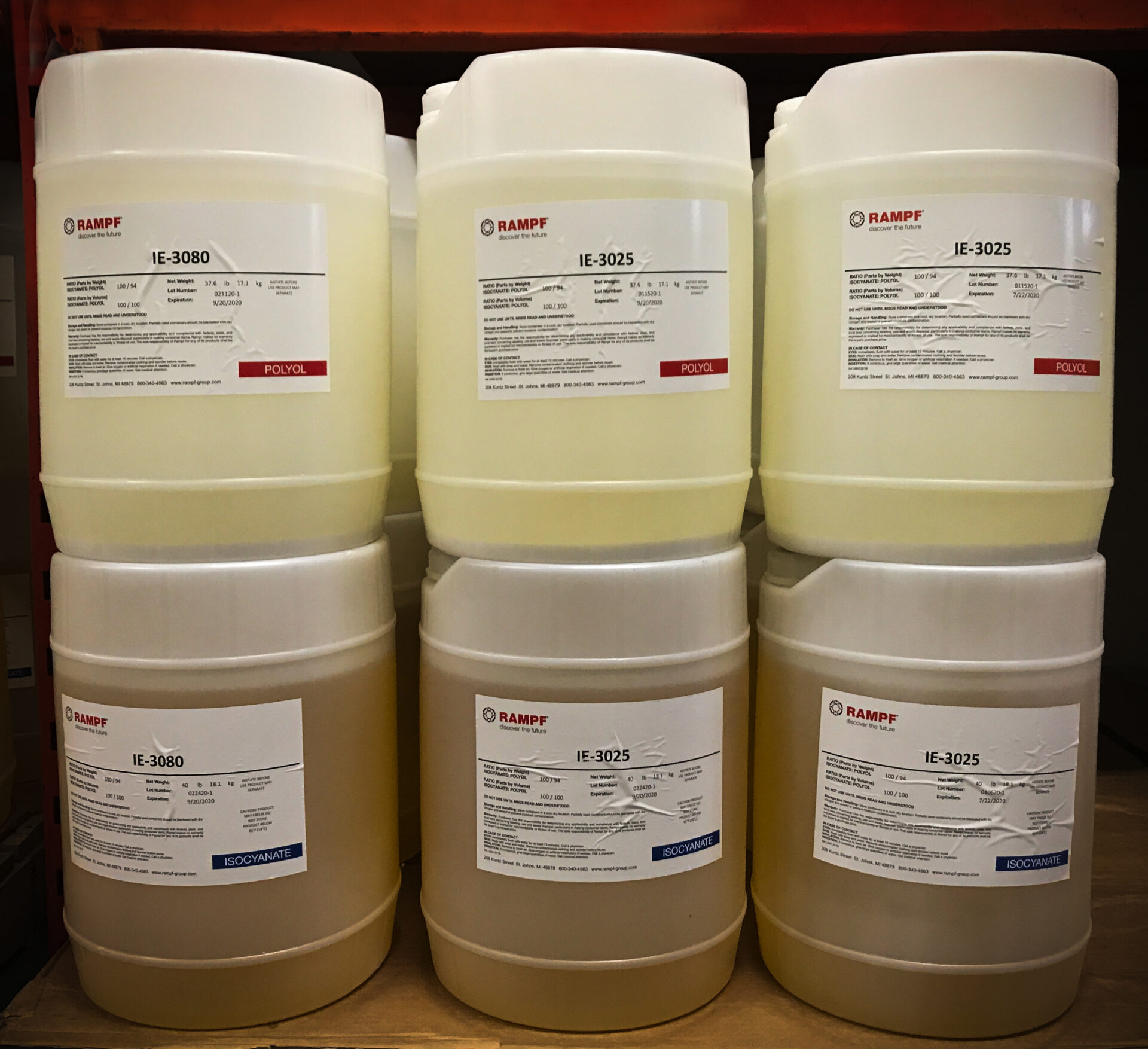 Six large containers of chemicals