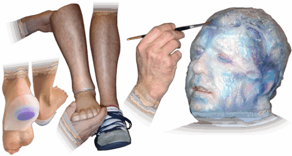 Hands applying skin-like material to legs.