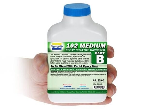 Bottle of epoxy hardener in hand