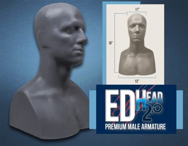 Male mannequin head display with dimensions