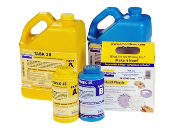 Various containers of liquid plastic materials